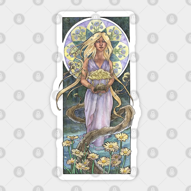 Lady of April with Bonsai and Daisies Mucha Inspired Birthstone Series Sticker by angelasasser